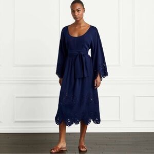 Hill House Navy Cora Linen Midi Dress Size Medium Eyelet Bell Sleeve Nantucket